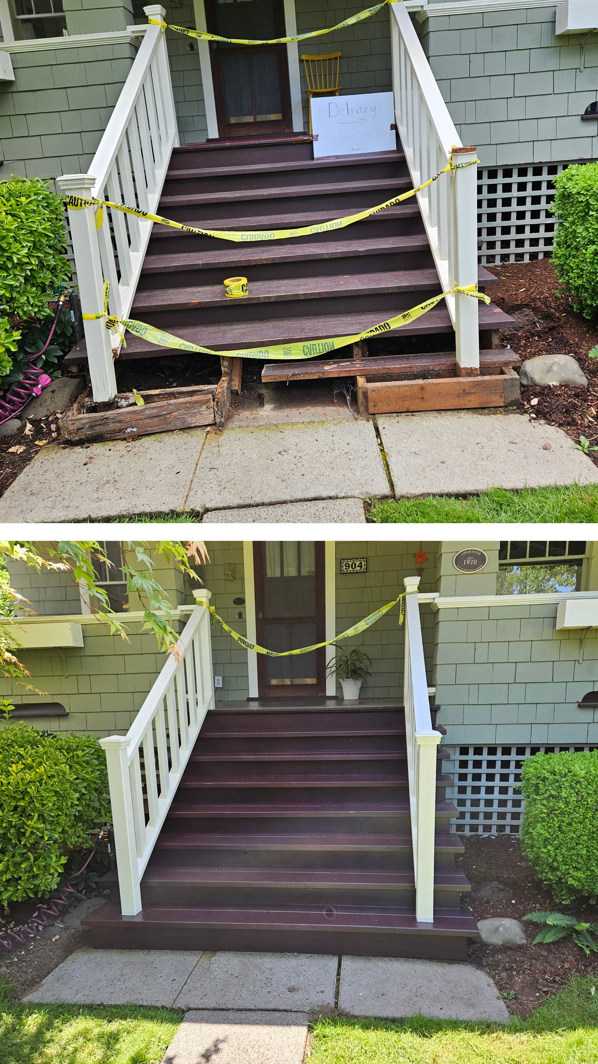 Front porch steps before and after being rebuilt by PRM Construction